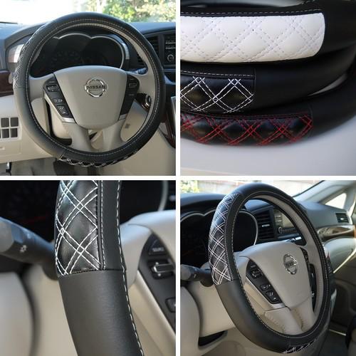 Leather steering wheel cover 57011 black+white hummer fiat car suv 14"-15" 38cm