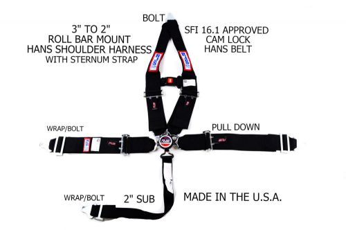 Rjs sfi 16.1 5pt hans cam lock v roll bar mount sternum strap belt black 1051201