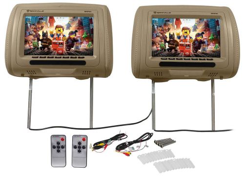 Pair rockville rhp91-bg 9” digital panel biege car headrest monitors w/ speakers