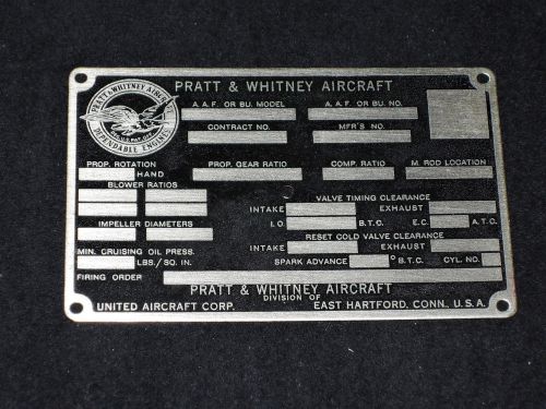 Pratt &amp; whitney aircraft blank data plate ~ new old stock