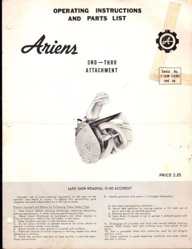 1967 ariens sno-thro attachment owners &amp; parts manual p/n ssa-67  (991)
