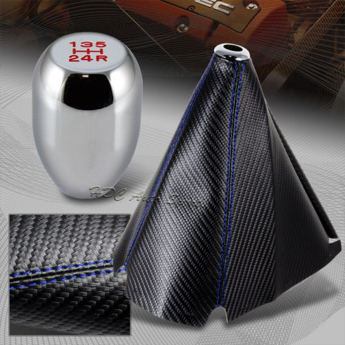 Jdm carbon style blue stitch manual shift boot + chrome 5-speed shifter knob 5