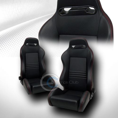 Tr blk pvc leather red stitches reclinable racing bucket seat+slider v2 pair c53