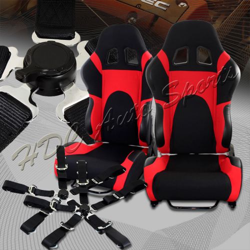 Black/red type-6 fully adjustable cloth bucket racing seats+5pt black seat belts