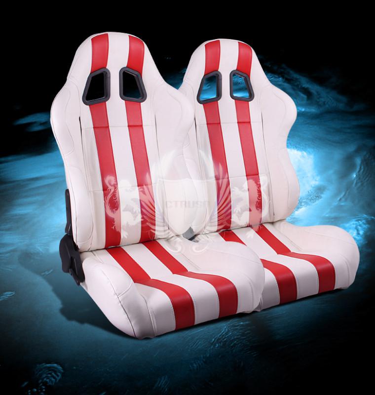 2x universal white/red stripe type-f1 racing bucket seats pvc leather pair new