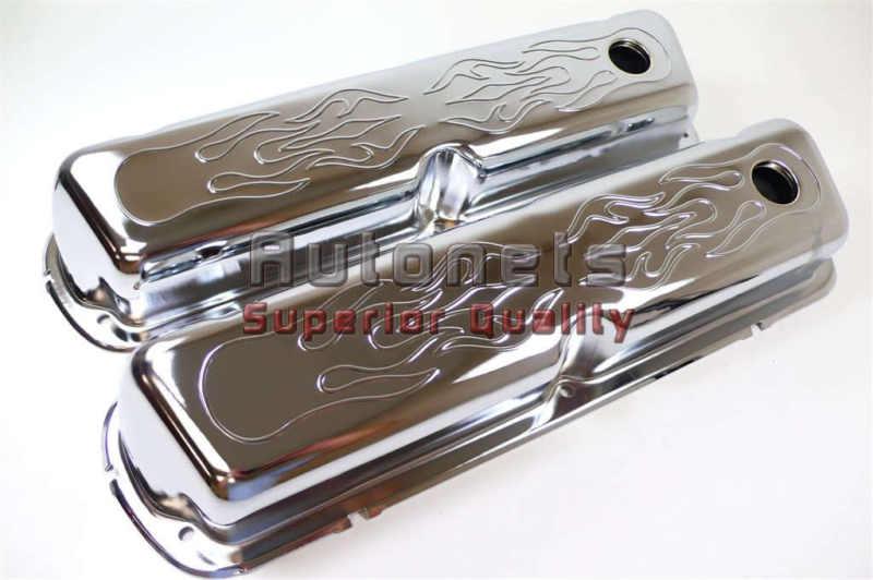 Chrome steel flame small block ford valve covers 260-289-302-351w mustang sbf