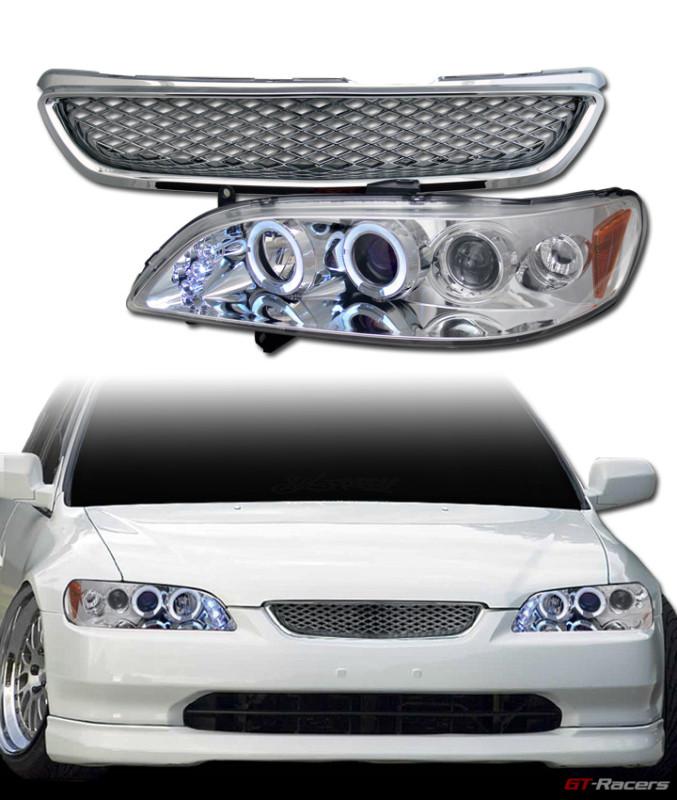 Chrome halo led projector head lights+t-r mesh bumper grill grille 98-02 accord