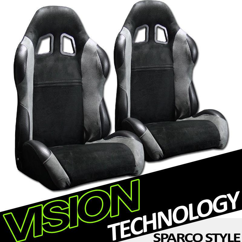 2x universal simulated suede & leather black & grey racing seats+sliders pair 16