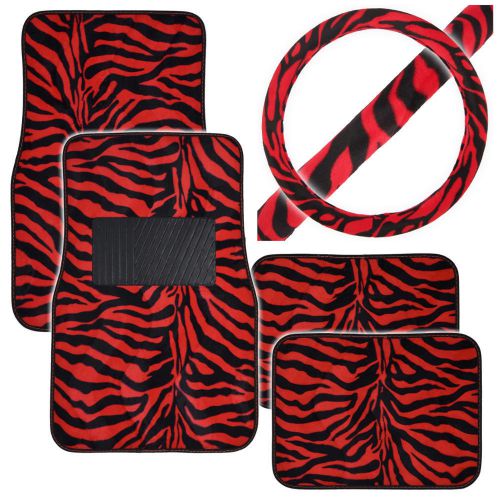 Animal print front rear car floor mats &amp; steering wheel cover set - red zebra