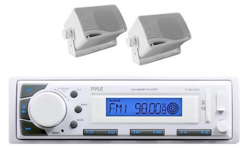 Pyle new plmr20w white marine am/fm radio player usb input +pair of box speakers
