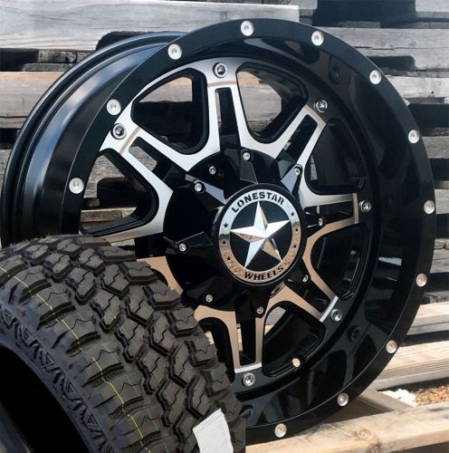 18&#034; black machine lonestar outlaw wheels 35x12.50&#034; m/t tires jeep wrangler 5x5