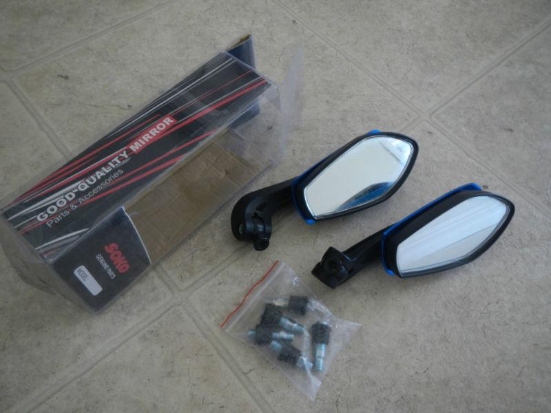 Universal motorcycle motor bike rear view side mirrors black with blue chrome 