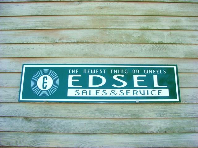 -1950's edsel classic car dealer/service sign w/round logo/tagline garage art