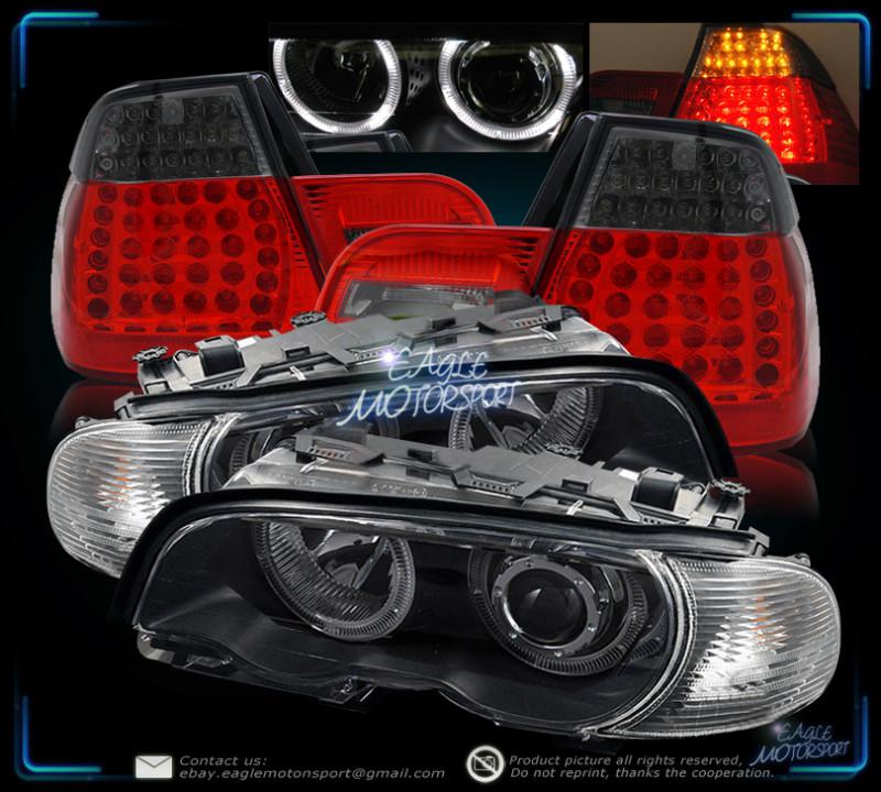 1999-2001 bmw e46 4dr blk halo projector headlights/red smoke led tail lights