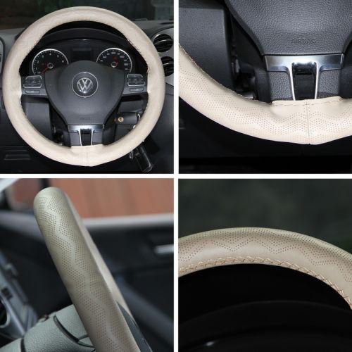 14"-15" 38cm chevrolet 43003 leather wrap car steering wheel cover beige thread