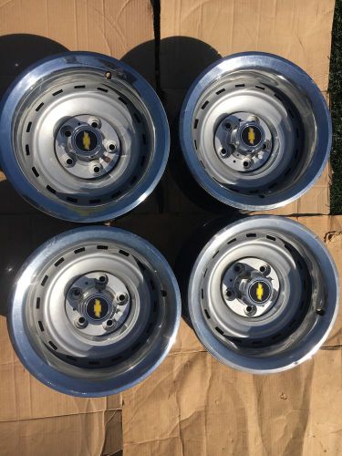 15 x 8 chevy truck rally wheels 1965-87 with 5 lug on 5 inch bp oem rings &amp; caps