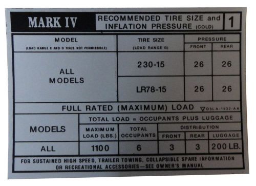 1975 lincoln mark iv tire pressure decal