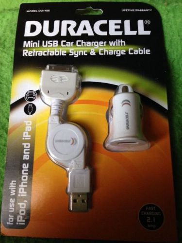 Smartphone duracell mini usb car charger with retractable sync &amp; charge cable