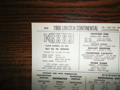 1966 lincoln continental eight series models 462 cubic inch v8 tune up chart
