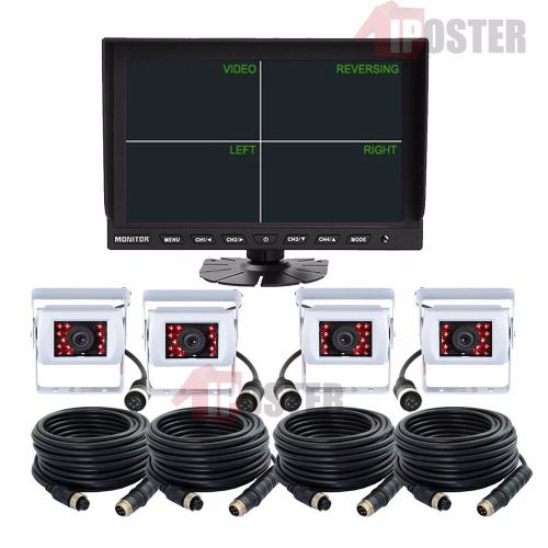 9&#034; quad monitor+4ch video+4x white 4pin ir reversing ccd camera 33ft for truck