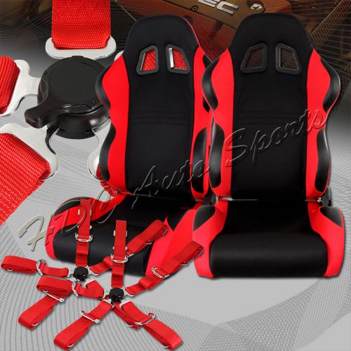 Type-7 black / red fully cloth racing seats + 5-point red seat belt universal 2