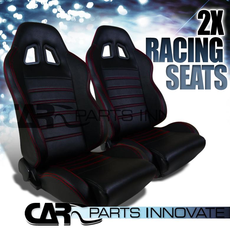 New t-r type jdm black pvc reclinable racing bucket seats pair w/ red stitching