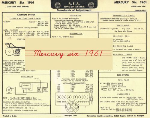 Vintage 1961 mercury six aea tune-up system mechanic&#039;s chart