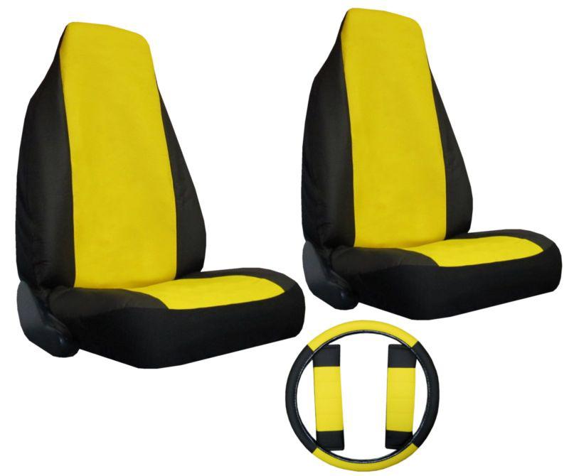 Faux leather car truck suv yellow blk 2 high back bucket seat covers w/extras #x