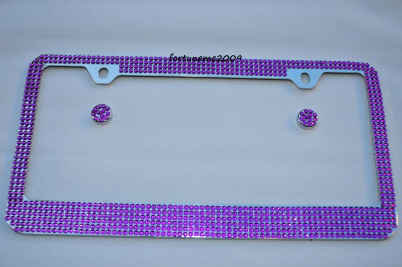 2 x bling bling purple rhinestone diamond crystal metal license plate frame new
