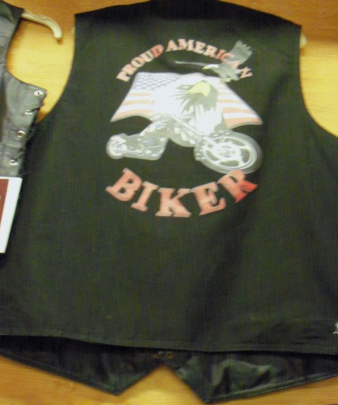 Leather biker vest "proud american biker" with eagle/bike/flag sz xl fabric back