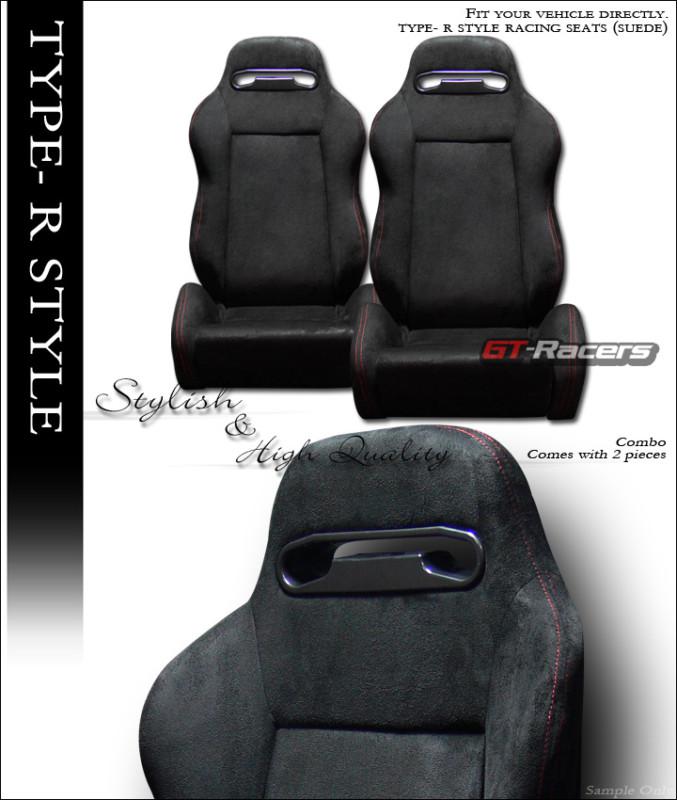 T-r sport jdm black suede red stitch car racing bucket seats+sliders l+r toyota