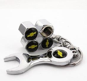 Tire valve caps with mini wrench & keychain for chevy (4-piece pack)