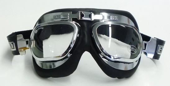 Contoured chrome goggles w/adjustable band and lens position, clear acrylic lens