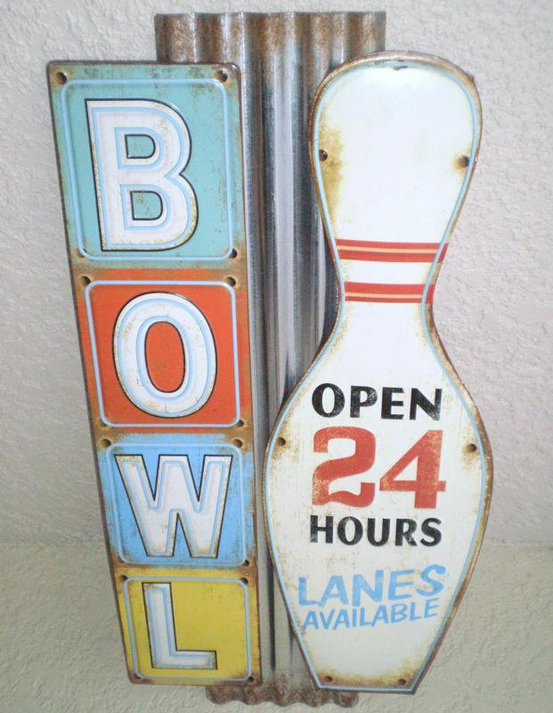 Large bowling sign corrugated metal bowling alley pin ball  lanes bowl man cave 