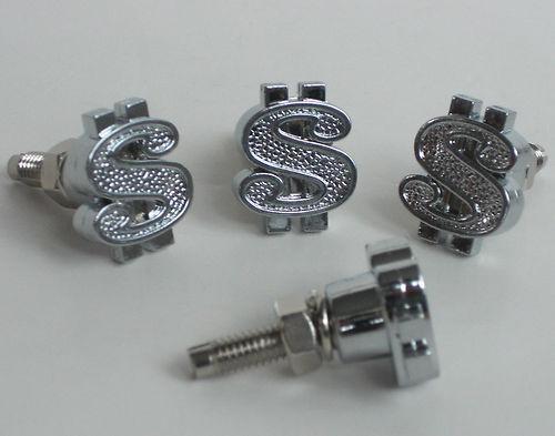 4 chrome "money" motorcycle license plate frame bolts - lic tag fastener screws
