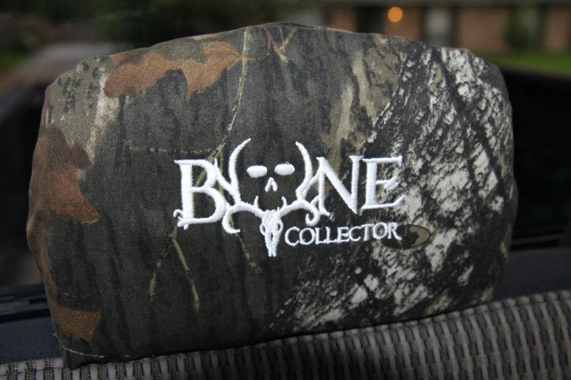 Custom embroideried large camo pair truck head rest cover (bone collector)