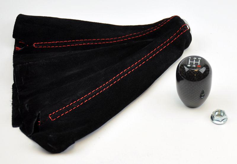 Jdm real carbon fiber 5 speed gear shift knob & red stitch suede boot