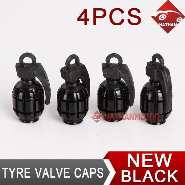 4pcs metal grenade design aluminum air dust tire valve cap tyre stem cover black