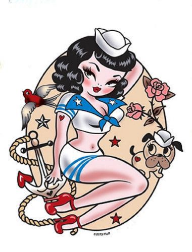 Brunette sailor pin-up girl&amp;anchor dog rose swallow nautical boat sticker/ decal