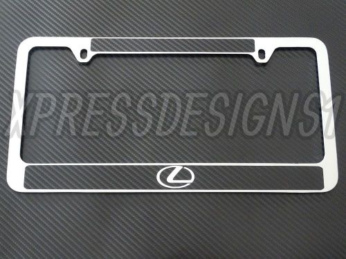 Lexus logo license plate frame chrome metal, carbon fiber details, chrome text