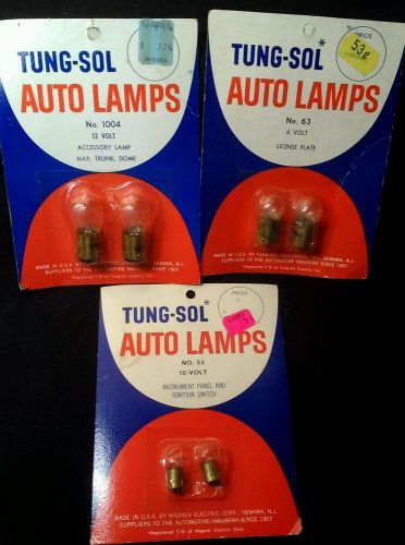 3 tung-sol auto lamps 12 v  # 53  &amp; 1004 &amp; 6 v plate # 63 brass bayonette bulbs