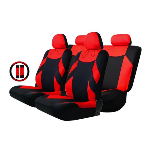 Tirol 13pc universal car full seat cushion covers bench steering wheel set red