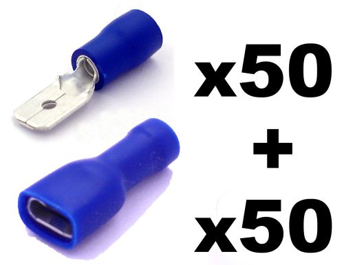 100x blue fully insulated spade electrical crimp connectors mixed male &amp; female