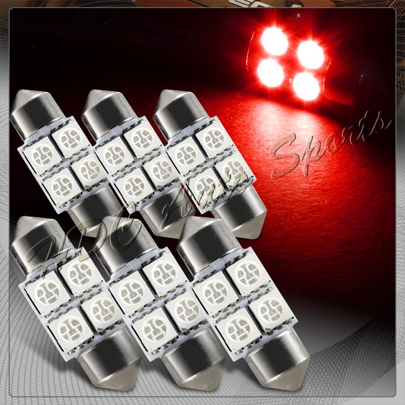 6x 31mm 4 smd red led festoon dome map glove box trunk replacement light bulbs