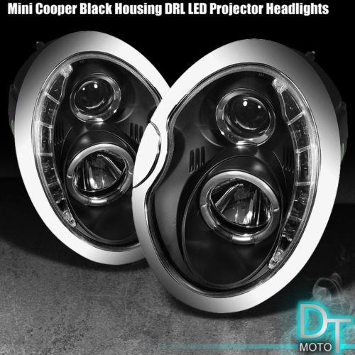Black 02-06 mini cooper halo projector headlights +daytime drl led running light