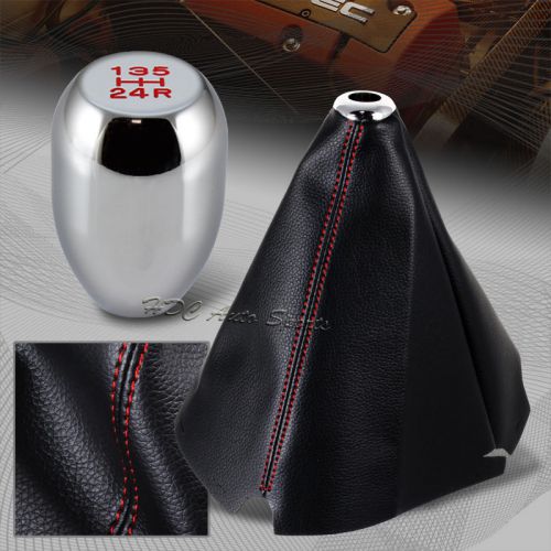 Red stitch leather manual shift boot + chrome 5-speed shifter knob universal 3