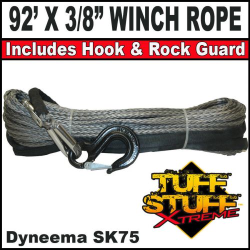 Grey 92&#039; x 3/8&#034; synthetic dyneema winch rope cable with black hook &amp; rock guard