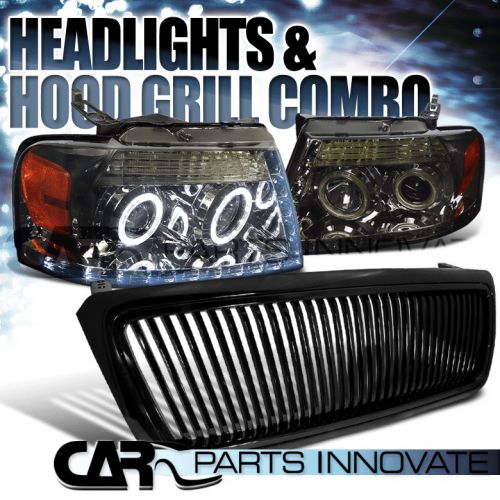 Ford 04-08 f150 pickup smoke halo led projector headlights+vertical hood grille