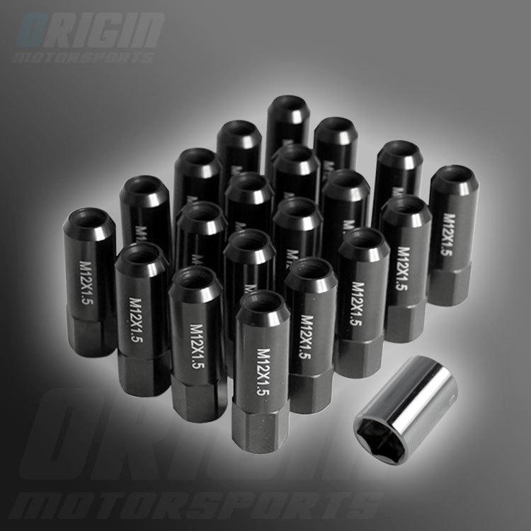 20 pcs 60mm m12 x 1.5mm extended rim racing cnc lug nut - black w/ 19mm sockets