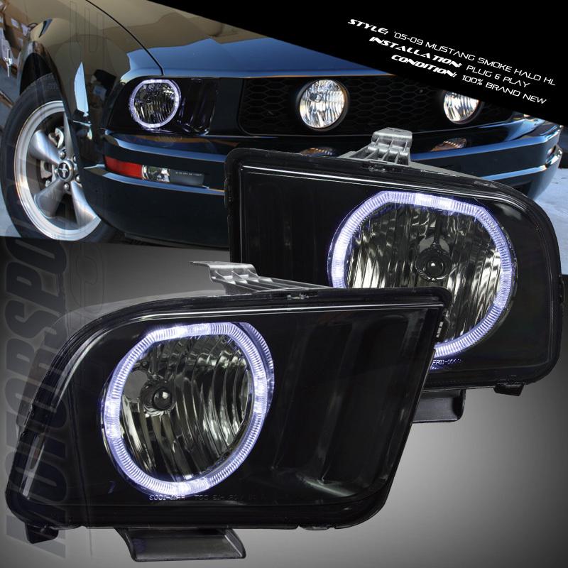 05-09 ford mustang black halo drl headlights pair lamps left right smoke set led